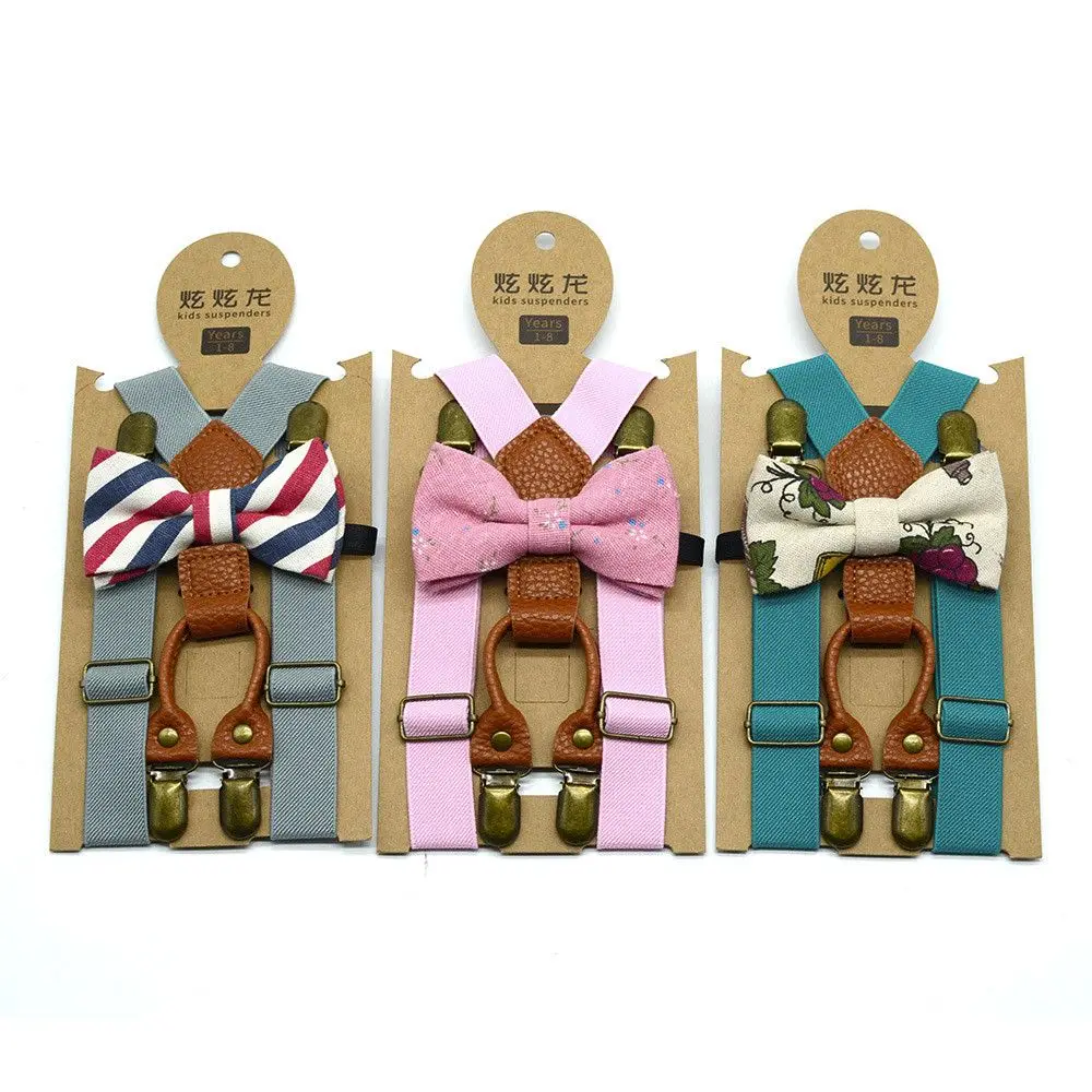 Hot Matching Braces Suspenders and Luxury Bow Tie Set Kids Children Boys Wedding Y-Back Braces Bow Tie Elastic Kids Adjustable