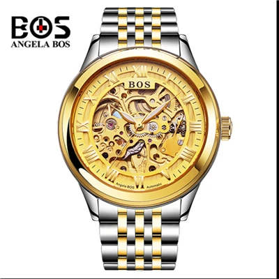 GoldWhite Relogio Masculino ANGELA BOS Золотой Скелет автоматические часы мужские водонепроницаемые Роскошные светящиеся военные механические наручные часы - Цвет: GoldWhite