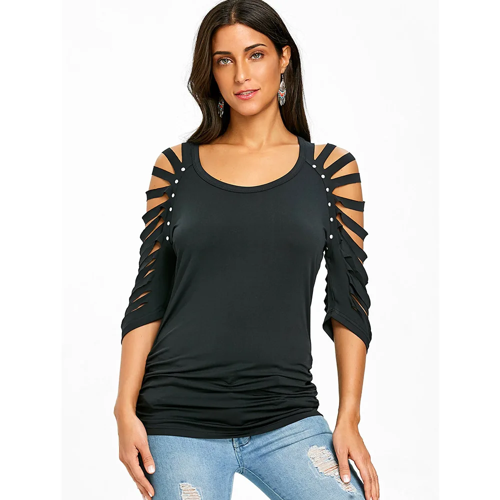 VESTLINDA футболка с глубоким круглым вырезом рваным рукавом реглан женская одежда