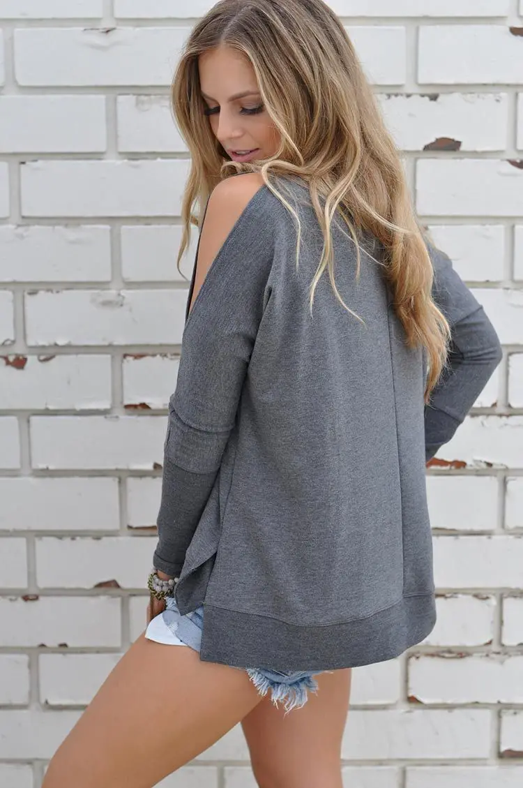 Женская футболка с открытыми плечами BKLD весенне осенняя однотонная серая