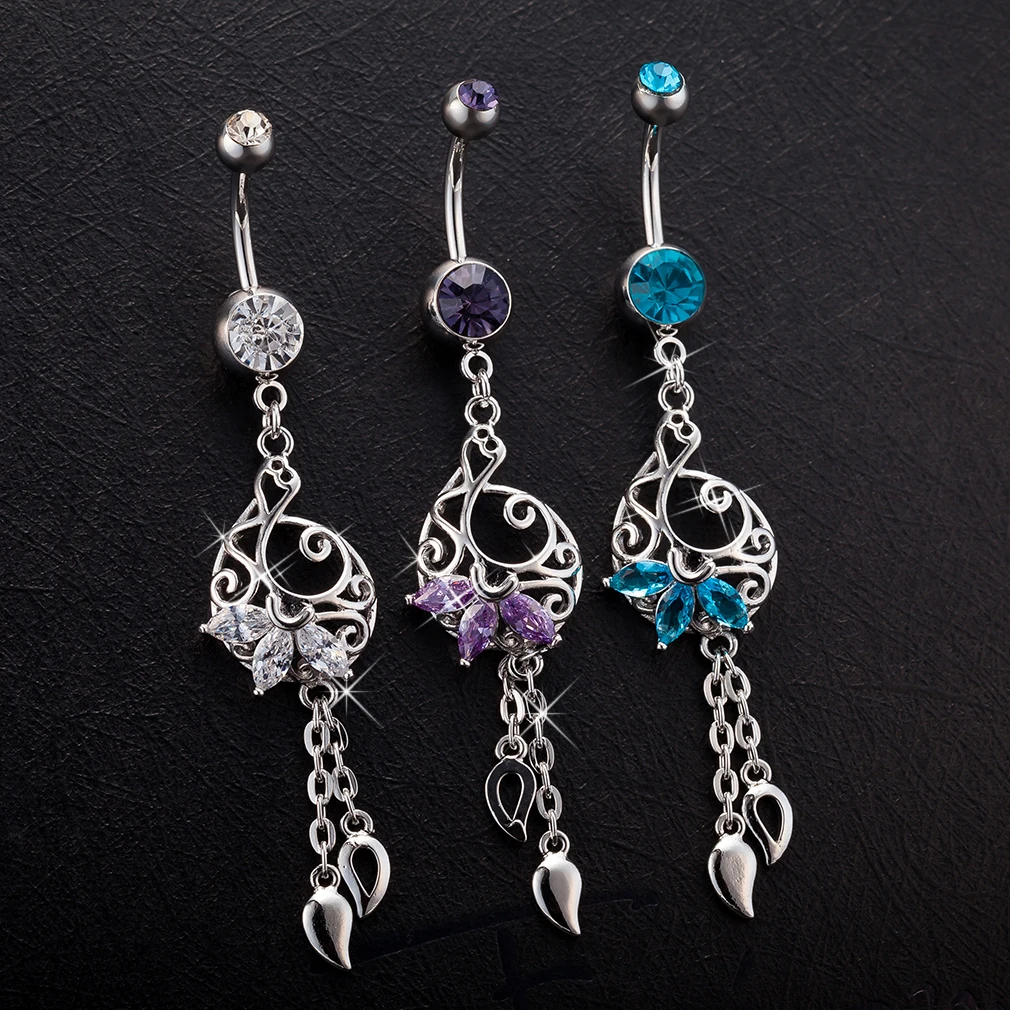 Женское кольцо для пирсинга живота голубое/фиолетовое пупка с кисточками