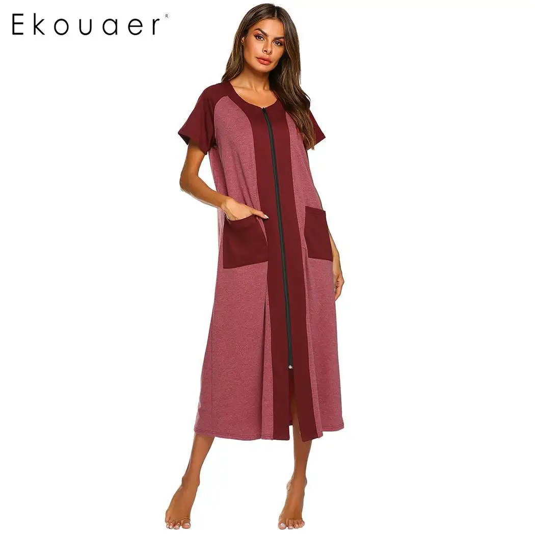 wine red Ekouaer, летнее Ночное платье, женская сорочка, ночная рубашка с круглым вырезом, короткий рукав, контрастный цвет, прямая ночная рубашка, домашняя одежда - Цвет: wine red