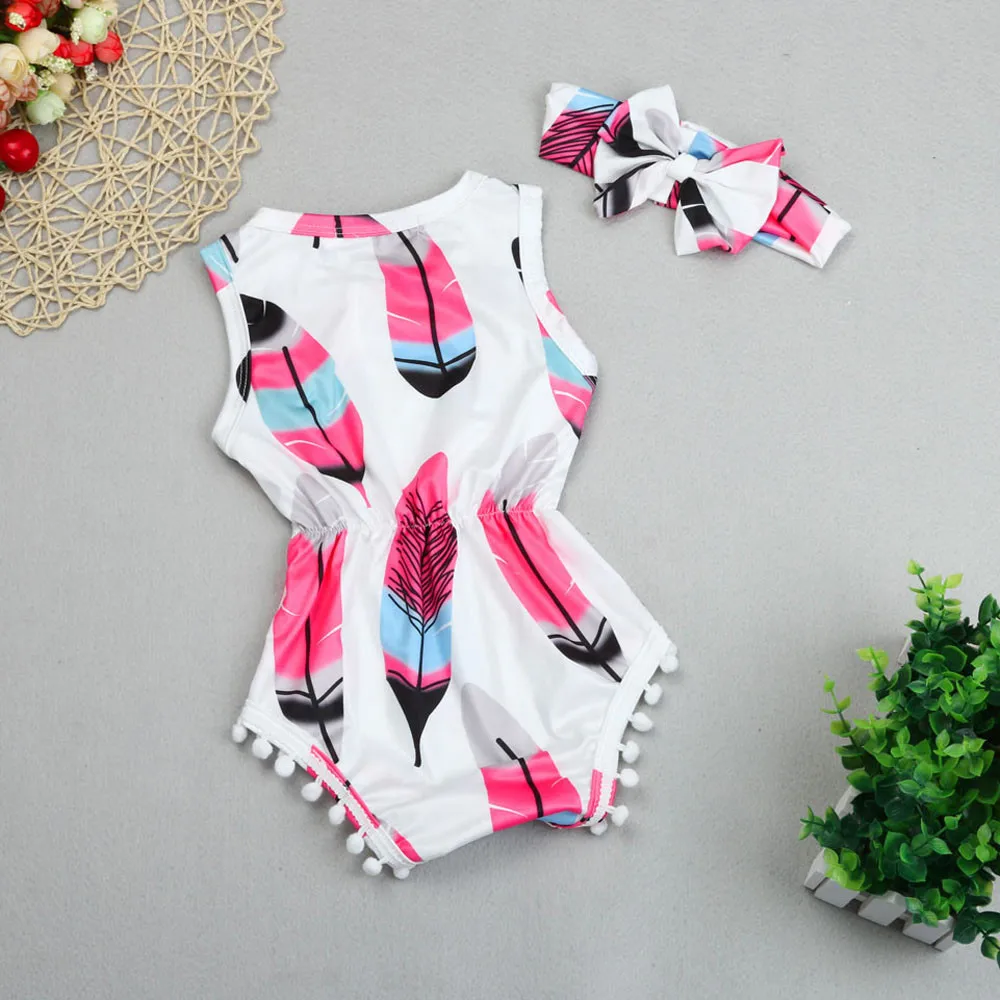 

2018 NEW Summer Infant Kids Baby Girls Sleeveless Feather Romper Jumpsuit+Headband 2PCS Set Anniversary Outfits fastship