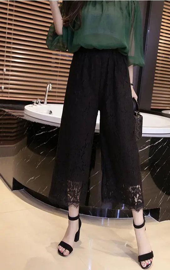Женские кружевные брюки для офиса 2018 летние свободные длиной до середины икры с
