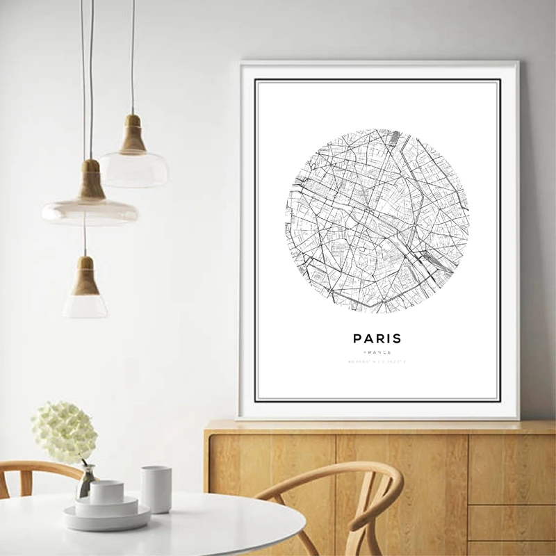 Черно белая карта города мира холст художественный плакат Современная Настенная