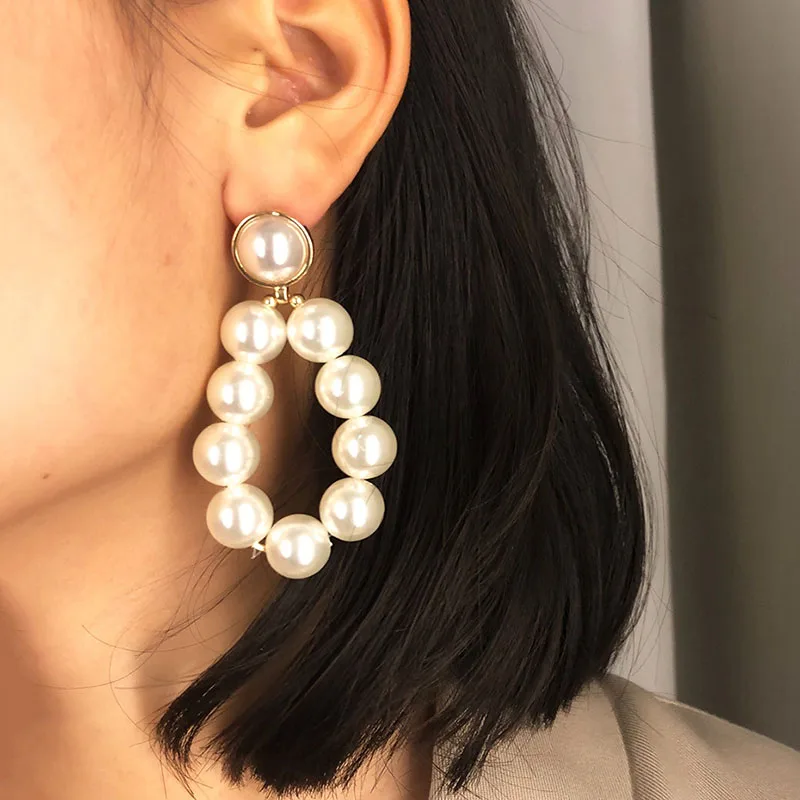 Temperament Exaggerated Handmade Simulated Pearl Geometric Dangle Earrings Women Elegant Korean Fashion Jewelry XR2052 | Украшения и