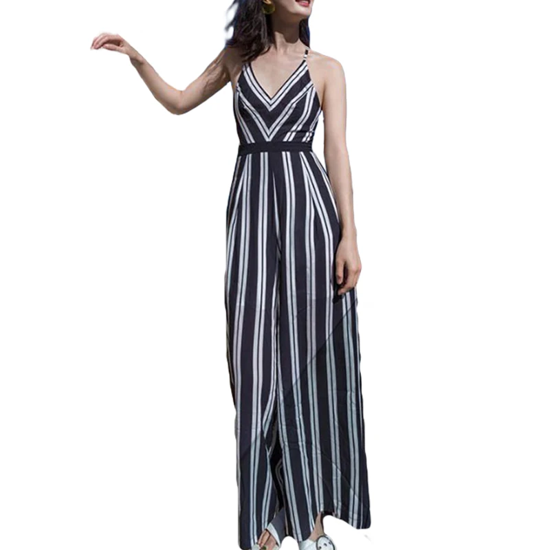 Женский шифоновый комбинезон с глубоким v-образным вырезом и открытой спиной |