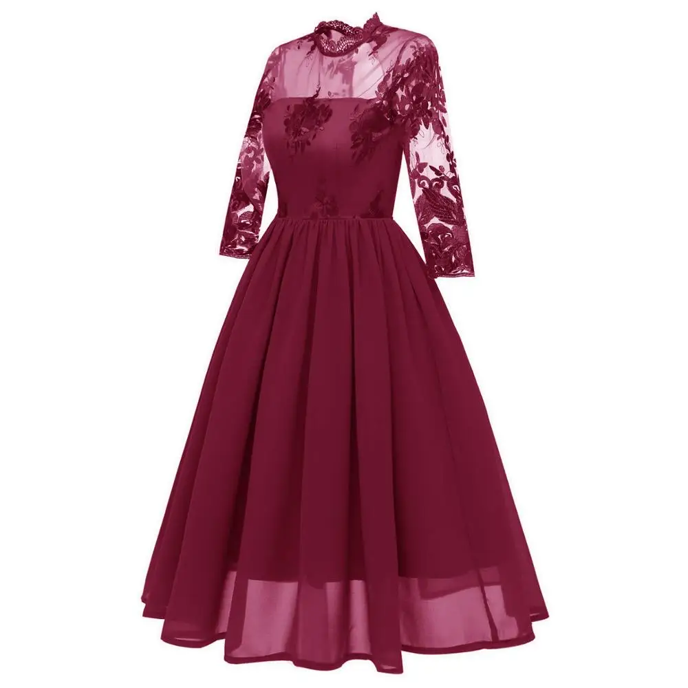 Платье для выпускного вечера с круглым вырезом темно-Красное Кружевное