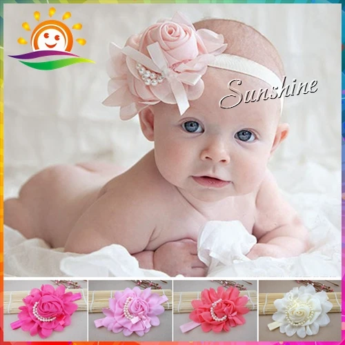 Жемчужные шифоновые кружевные цветы эластичные новорожденных ободки для