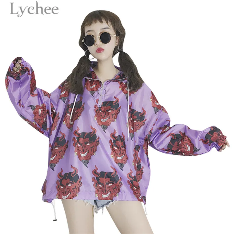 Pullover Purple Lychee Харадзюку с принтом демона Летняя женская блузка панк готика Повседневная Свободная рубашка с коротким рукавом топы женские - Цвет: Pullover Purple