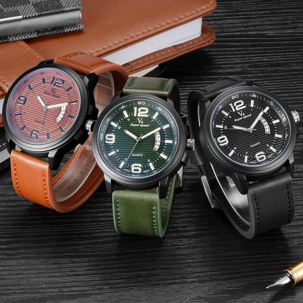 

Military Men Watch Green Sport Quartz Army Wristwatches Date Display Life Waterproof PU Strap Quartz Male Clock orologio uomo
