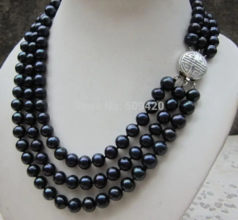 Доставка 3 ряда 9 мм черный очень идеальный натуральный жемчуг ожерелье 18 &quot(C0309) |