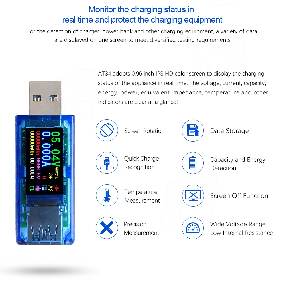 AT34 USB тестер QC 3,0 цветной ЖК-дисплей 3,7~ 30 В напряжение измеритель тока мультиметр заряда батареи voltimetro amperimetro