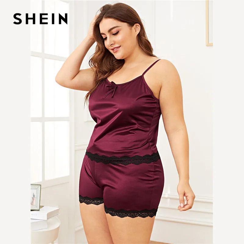 SHEIN размера плюс, женский летний пижамный комплект с кружевной отделкой, Бордовый топ на бретельках с шортами, одежда для сна без рукавов на бретельках