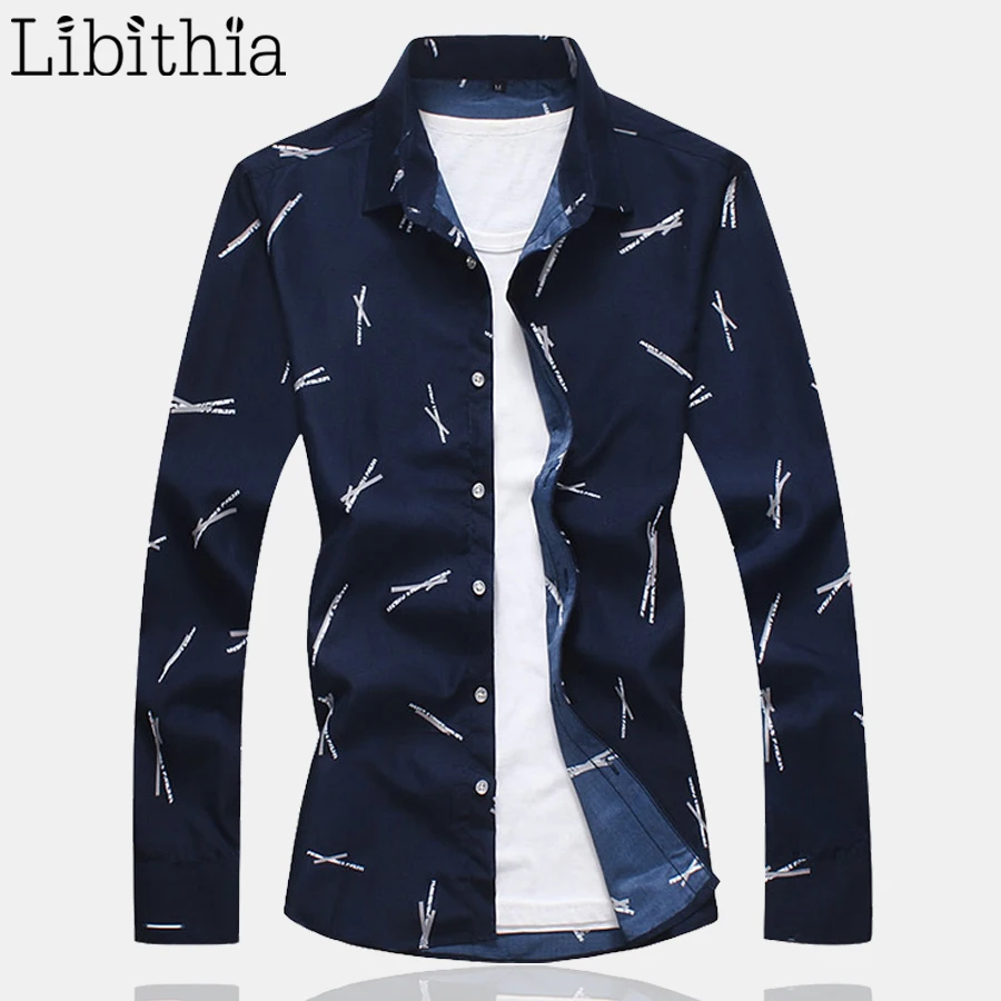 Мужская хлопковая рубашка с длинным рукавом белая темно-синяя принтом большие