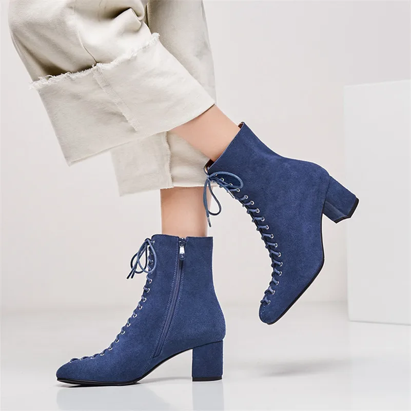 Retro Women Cow Suede Lace Up Ankle Boots Thick High Heels Warm Autumn Winter Luxury Ladies Office Leather Shoes Woman|Женские