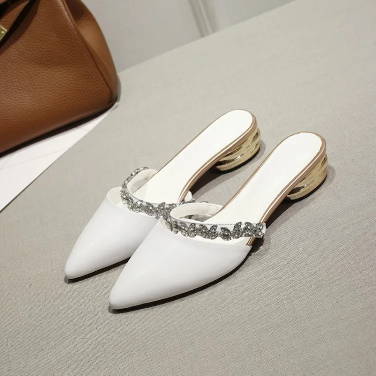 Кожаные модные удобные женские сандалии тапочки коровья кожа Rhinestone Указал Street