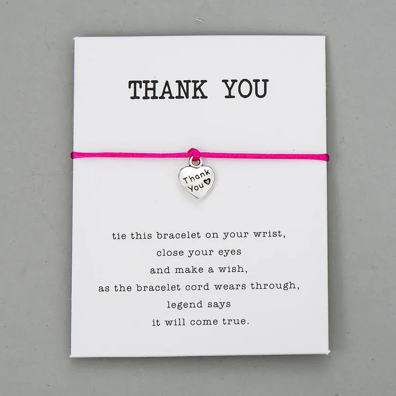 hot pink with card Pipitree СПАСИБО сердце Шарм браслет желаний подарок на удачу красная струна браслеты для женщин мужчин детей влюбленных Пара дружбы ювелирные изделия - Окраска металла: hot pink with card