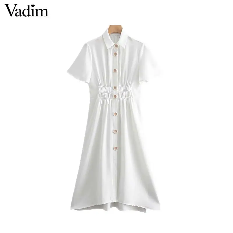 Vadim Women short sleeve white midi dress elastic waist turn down collar split mid calf dresses irregular casual vestidos QB371 | Женская
