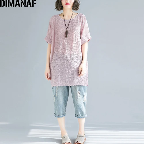 Ben565CN-fen DIMANAF, женские футболки размера плюс, базовые, женские топы, туника, большие размеры, футболки из хлопка и льна, свободная повседневная женская одежда, однотонная, лето - Цвет: Ben565CN-fen