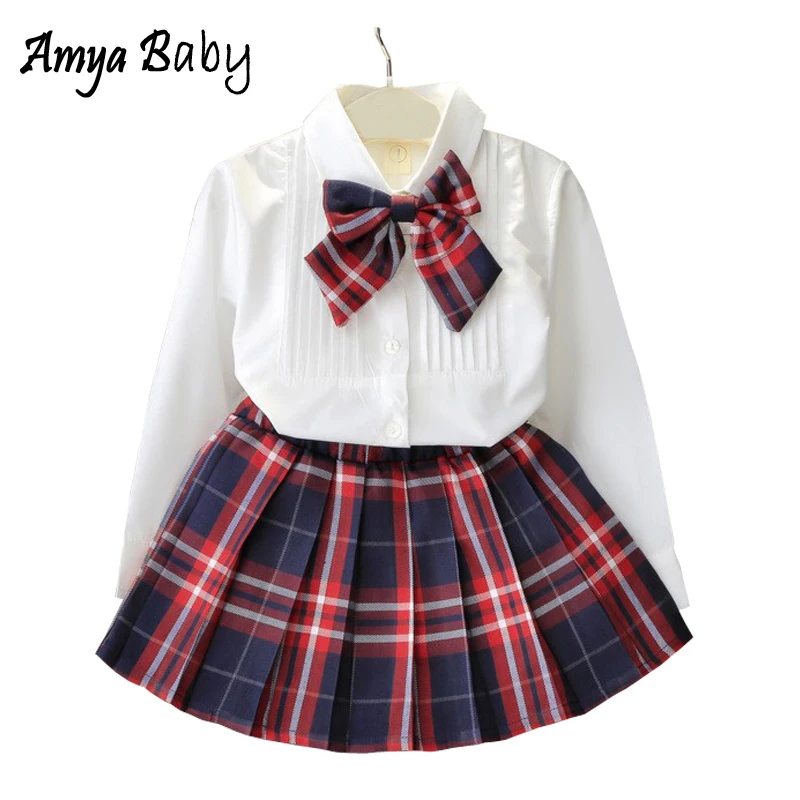 

Комплект детской одежды Amyababy для девочек, блузка с длинным рукавом + клетчатая юбка + Бант, 3 шт., наряды для девочек, одежда для малышей