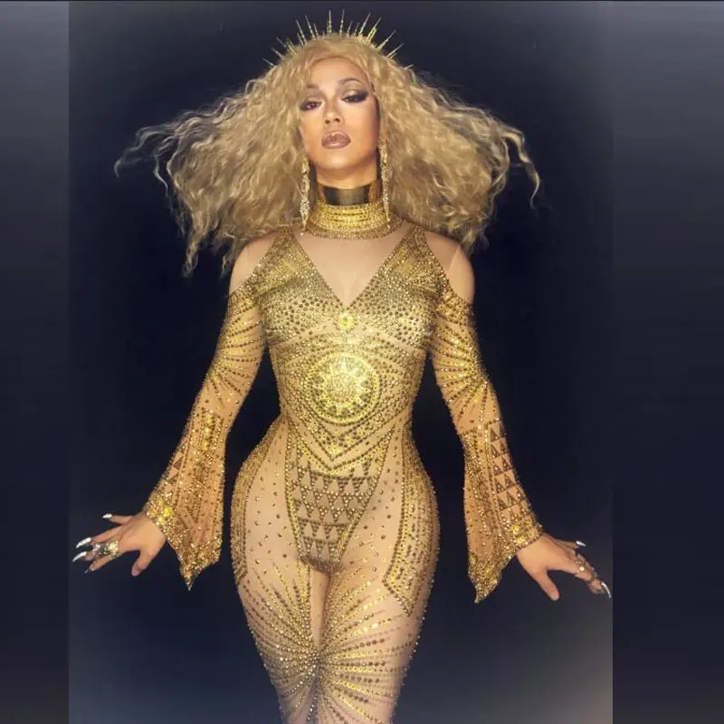 Модный золотистый комбинезон Стразы телесного цвета сексуальный красивый