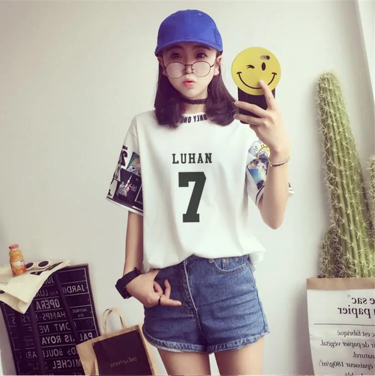 Kpop EXO те же Женщины свободные футболки k pop круглый вырез Harajuku студенческие топы с