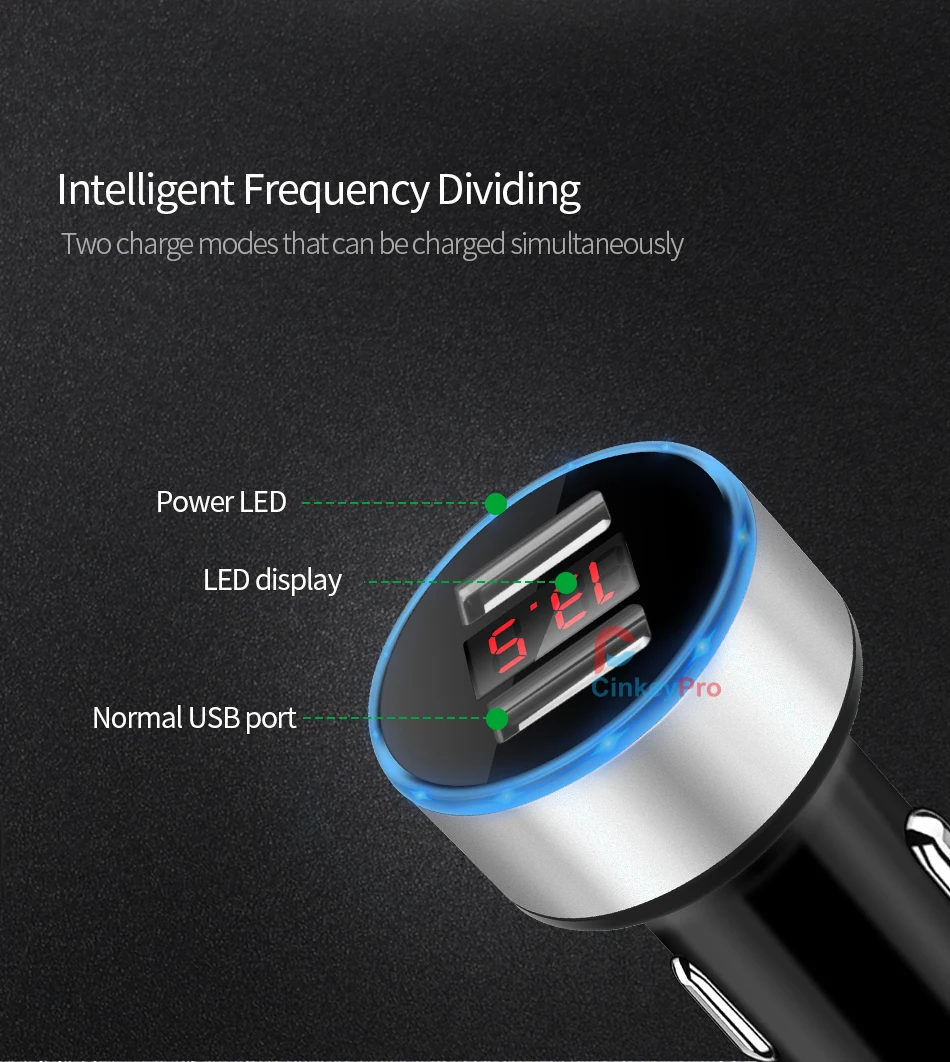 CinkeyPro автомобильное Зарядное устройство светодиодный Экран 2-Порты USB Зарядное устройство 2.1A автомобиля-Зарядное устройство мобильного телефона, Универсальные наушники для iPhone samsung зарядки