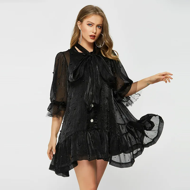 

Runway 2019 Summer Sweet Dress Women Mini Luxury Organza Bow Collar Loose Dresses Ladies vintage Party Beading Two Piece Vestido