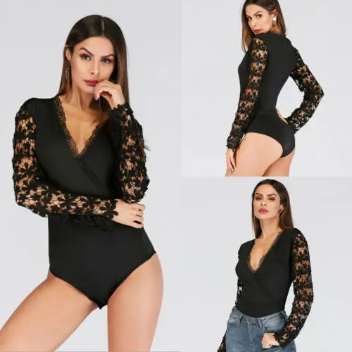 Женское Черное Кружевное боди с длинным рукавом сексуальное v образным вырезом