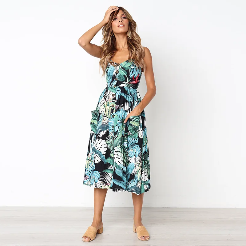 Women's Sexy Spaghetti Strap V-Neck Summer Floral Bohemian Button Decor Swing Midi Dress Beach Sundresses with Pockets | Женская