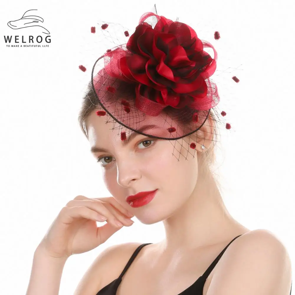 

WELROG Women Mesh Fascinator Hat Wedding headwear Elegant Ribbon Big Flower Solid Color Veil Hat Bridal Hair Pins