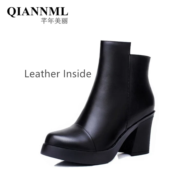 

Big Size 33-43 Women's Winter Boots Square Heel 2021 Block High Heels Platform Ankle Boots Women Plush Leather Short Boots