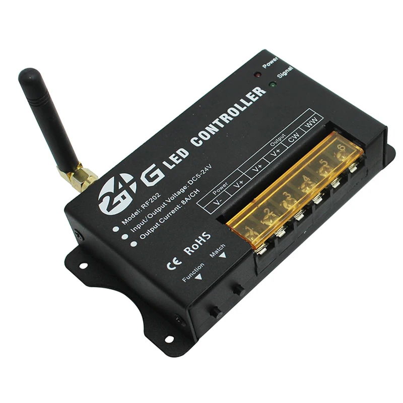 

RF Wireless 2.4G color temperature led controller; DC5V-24V; Output:2channels, 8A each channel; power:5V<80W,12V<192W,24V<384W