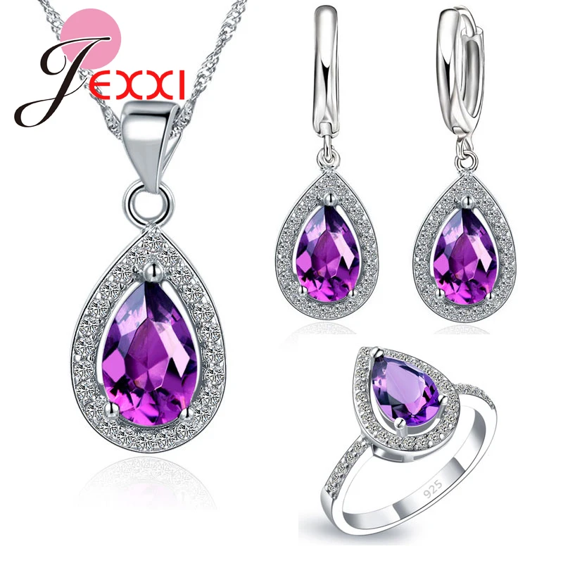 Elegant 925 Sterling Silver Original Wedding Jewelry Set Water Drop Pendant Necklace Earrings Rings AAA Zircon Size 6 7 8 9 | Украшения и