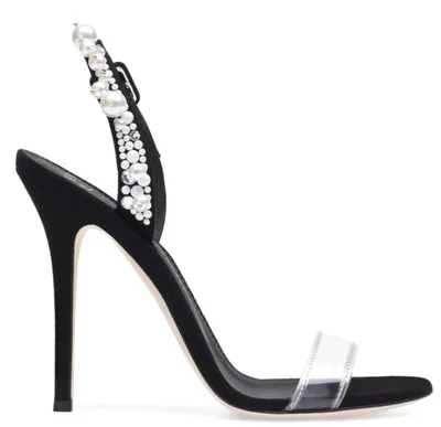 

Newest Style PVC Transparent Strap High Heel Party Shoes Ankle Buckle Strap Pearls Embellished Banquet Gladiator Sandals