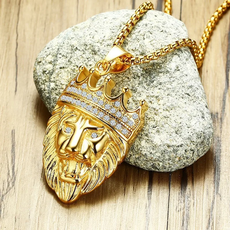 

Vnox Gold Tone Lion Head Jewelry Sets for Men Rock Punk Stainless Steel Ring and Necklaces Accessories Male Boy Party Gifts