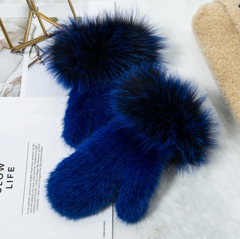 ZDFURS* брендовые модные зимние женские перчатки из натурального меха норки, вязаные варежки, толстые теплые меховые перчатки и варежки - Цвет: Blue