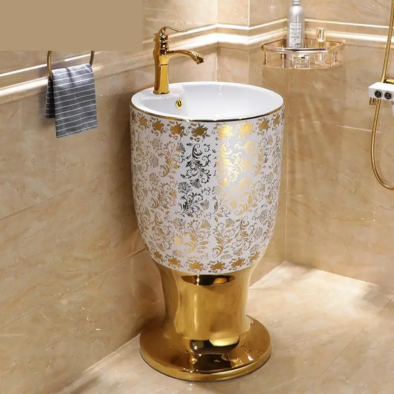 Легкий роскошный золотой балкон умывальник керамический встроенный напольный