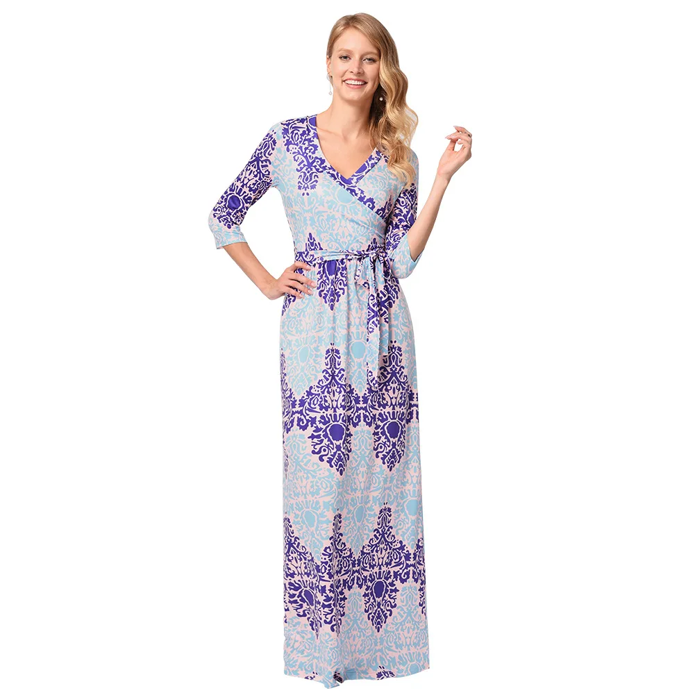 Ebay 2018 европейские и американские новые летние V Neck Printed Dress девять минуту рукавом