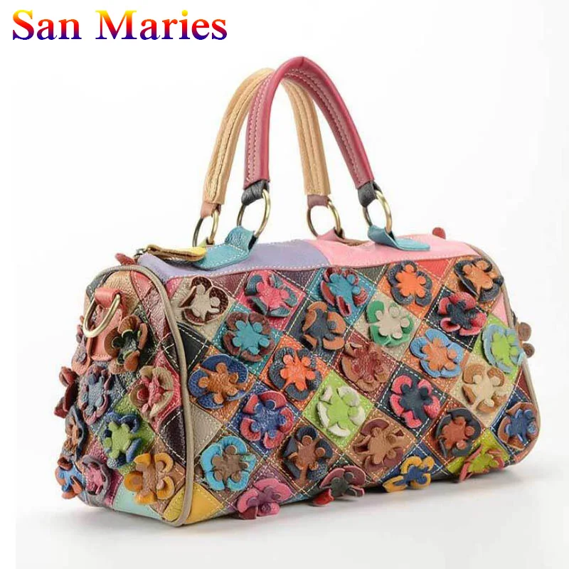 

San Maries Women Soft Genuine Leather Messenger Bags Cow Leather Flower Shoulder Bag Women Tote Ladies Cowhide Handbag