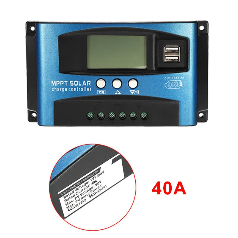 40A 30/40/50/60/100A MPPT Контроллер заряда для фотоэлектрических систем, два USB выхода, ЖК-дисплей Дисплей 12V 24V авто светодиодный фонарь на солнечной батарее Панель Зарядное устройство регулятор с нагрузкой - Цвет: 40A