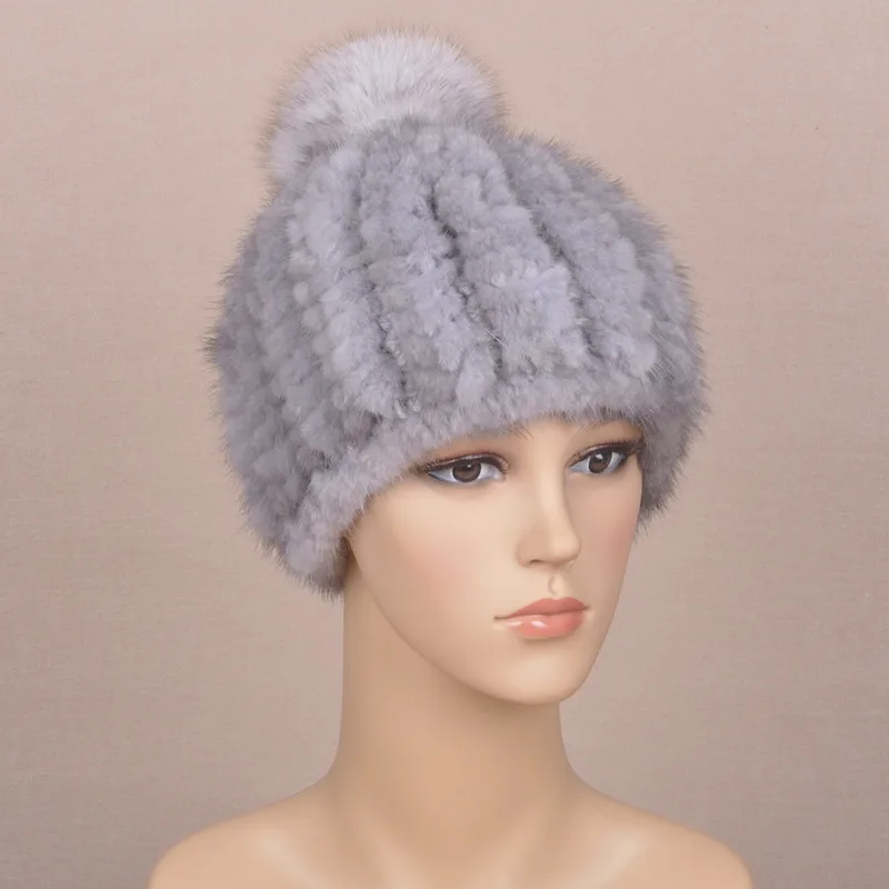 2014 зимняя шапка из 100% натурального меха норки с лисьим помпоном вязаная BE1440