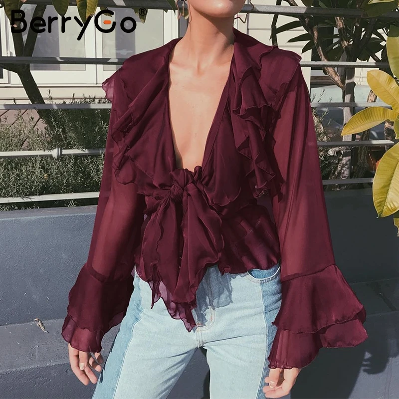 BerryGo сексуальная шифоновая блузка с v образным вырезом и рюшами рубашка Осень