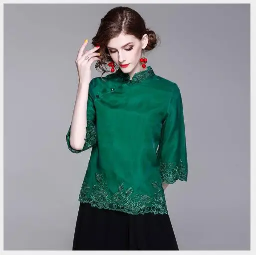 Женская рубашка 2018 новый летний китайский стиль Slim Fit Solid embroiding Top верхняя одежда