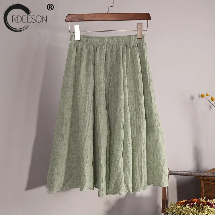 ORDEESON 60cm Linen Midi Skirt High Waist Solid Folk-custom A Line Cotton Elasticity Pleated Skirts Boho Vintage | Женская одежда