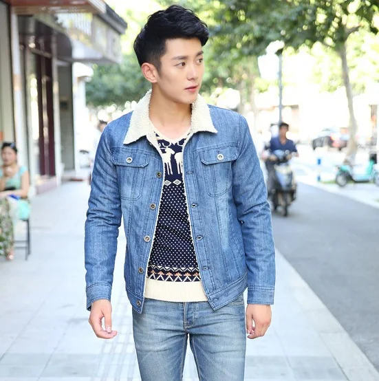 Light Blue Fur Collar Mens Denim Jacket 
