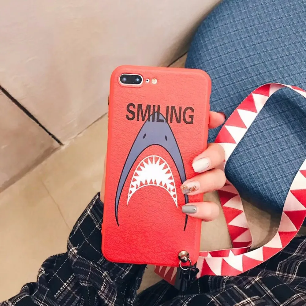 Super Cute Cartoon Shark Pattern With Same Lanyard Matte TPU Case Cover For Iphone6 6S 7 7S 8 6P 7P 8P X |