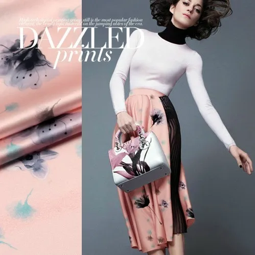 

118cm wide 19mm 93% silk & 7% spandex ink color flower print pink silk satin fabric for dress shirt clothes