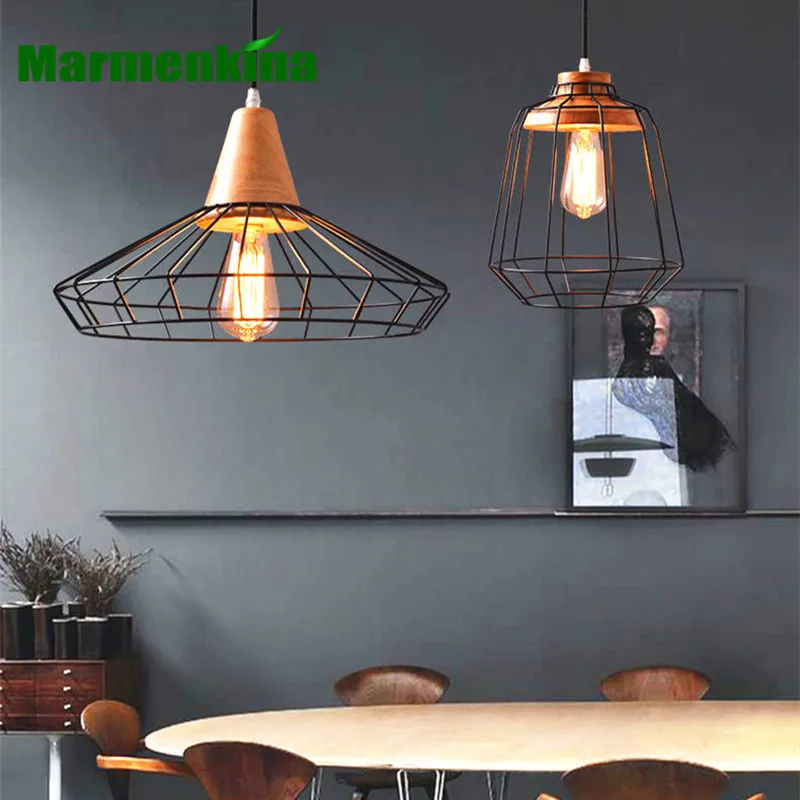 Marmenkina LOFT Modern Minimalist Wood Iron Cage Industrial Pendant lamp Bar Table Cafe Restaurant Indoor E27 110V 220V 230V | Освещение